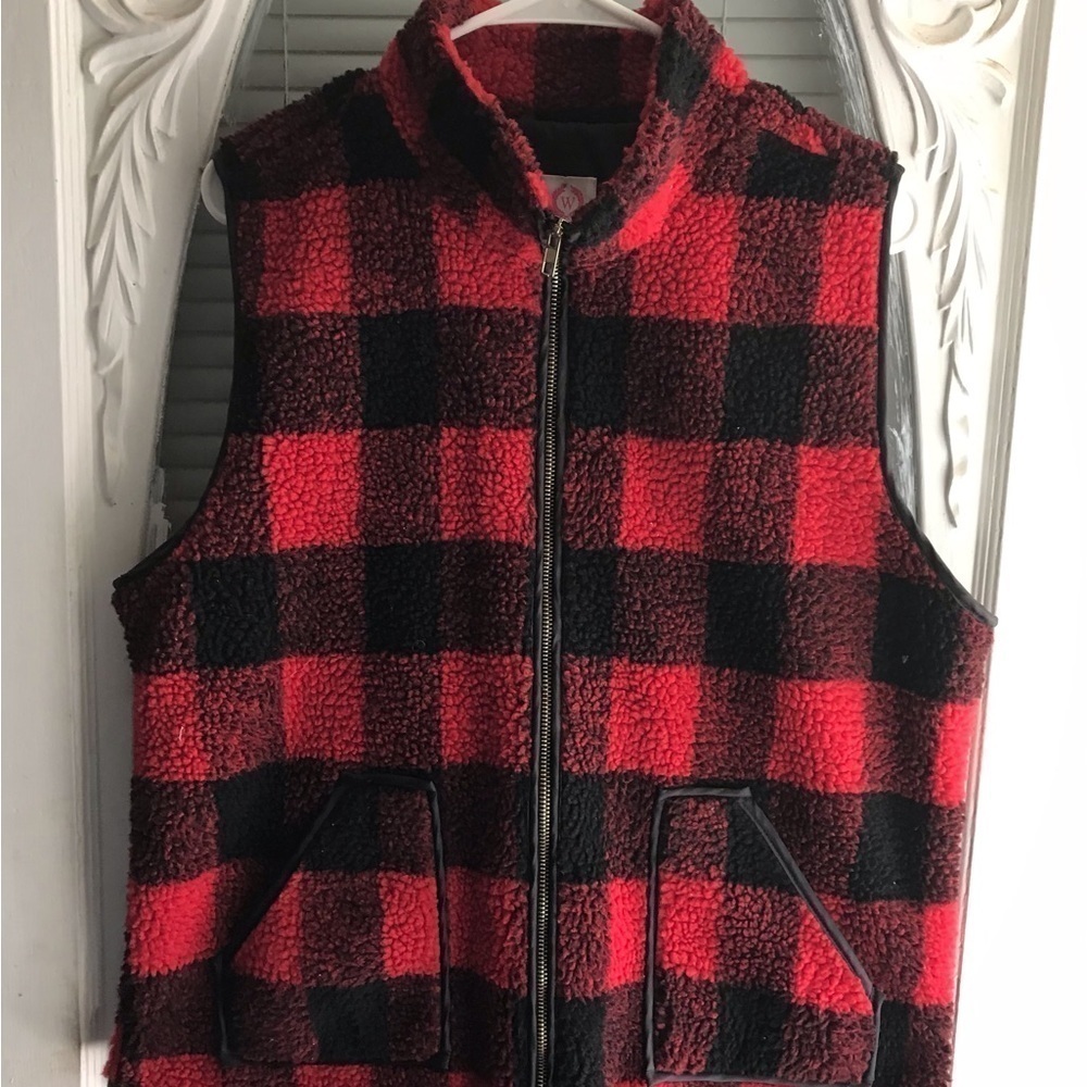 Red Black Buffalo  Plaid Fleece Vest